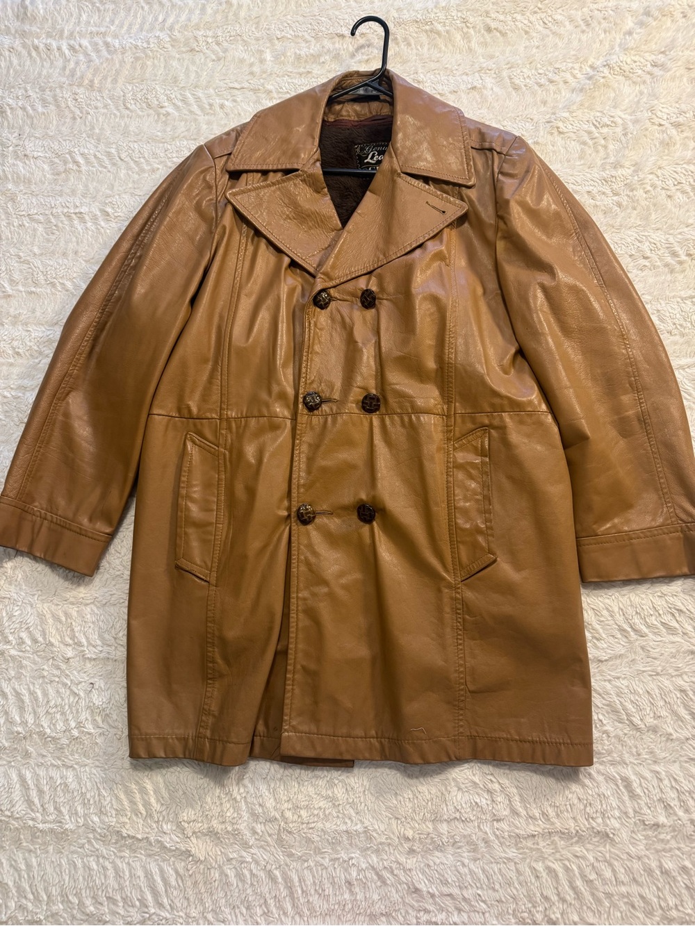 Vintage 70s Grais Camel Brown Leather Car Coat Mens 40 Faux Fur Liner USA